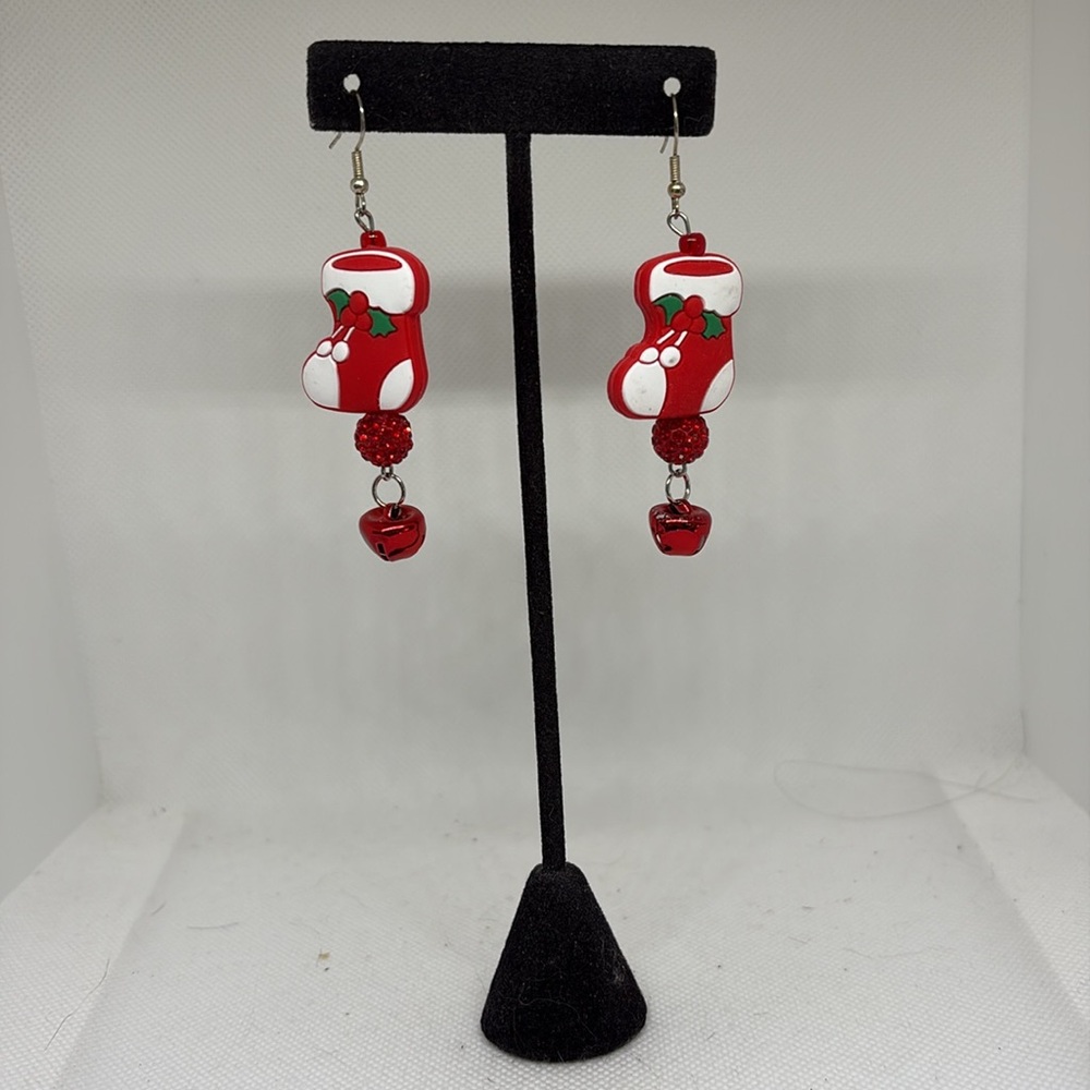 Handmade Christmas Stocking Rhinestone Bell Earrings - Picture 5 of 13